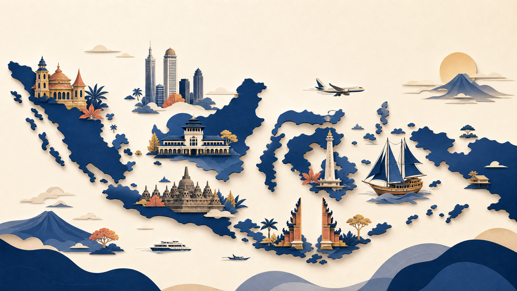 Ilustrasi landmark Indonesia dan cakupan perjalanan